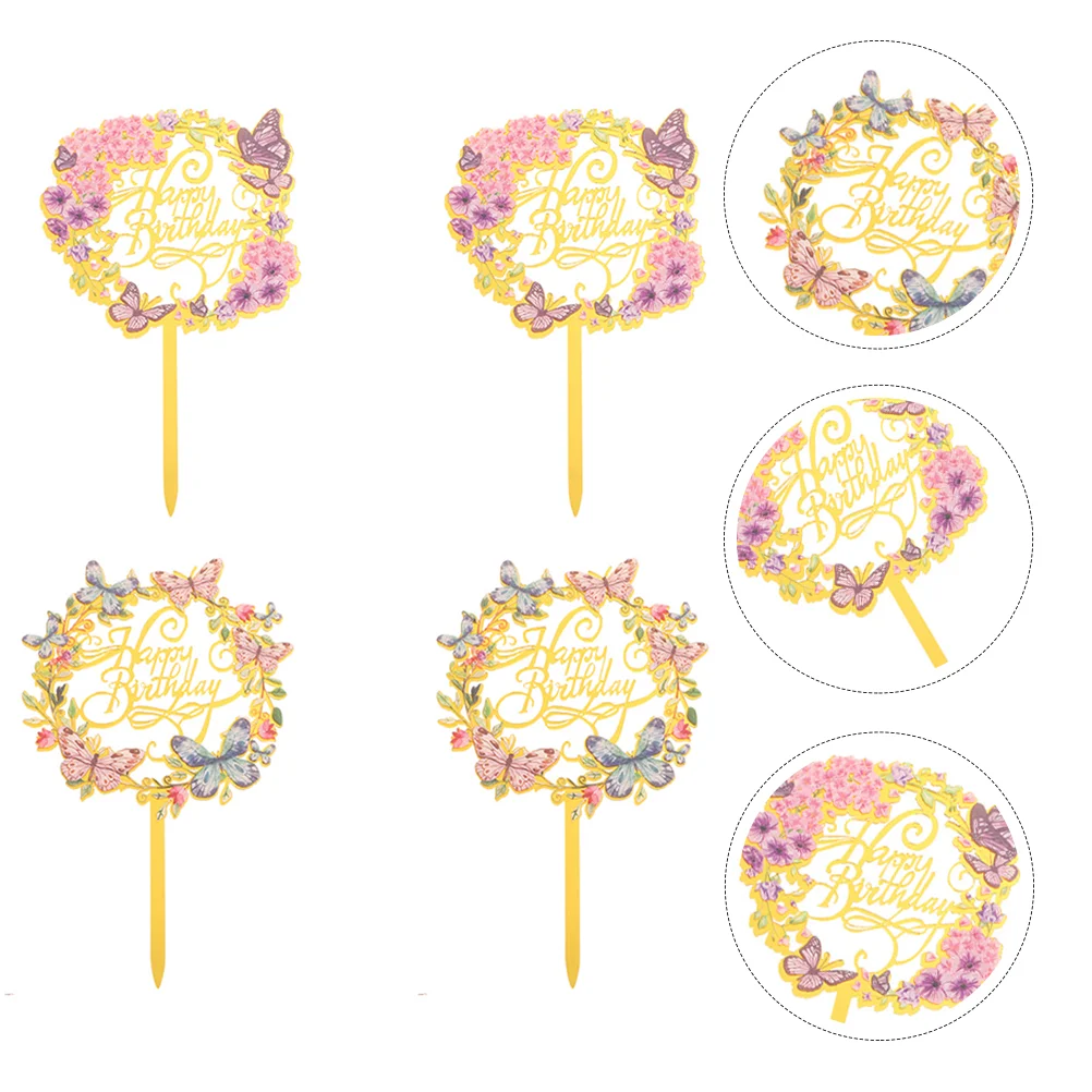 

4Pcs Acrylic Birthday Cupcake Toppers Flower Butterflies Cake Picks Dessert Toppers Cake Decors