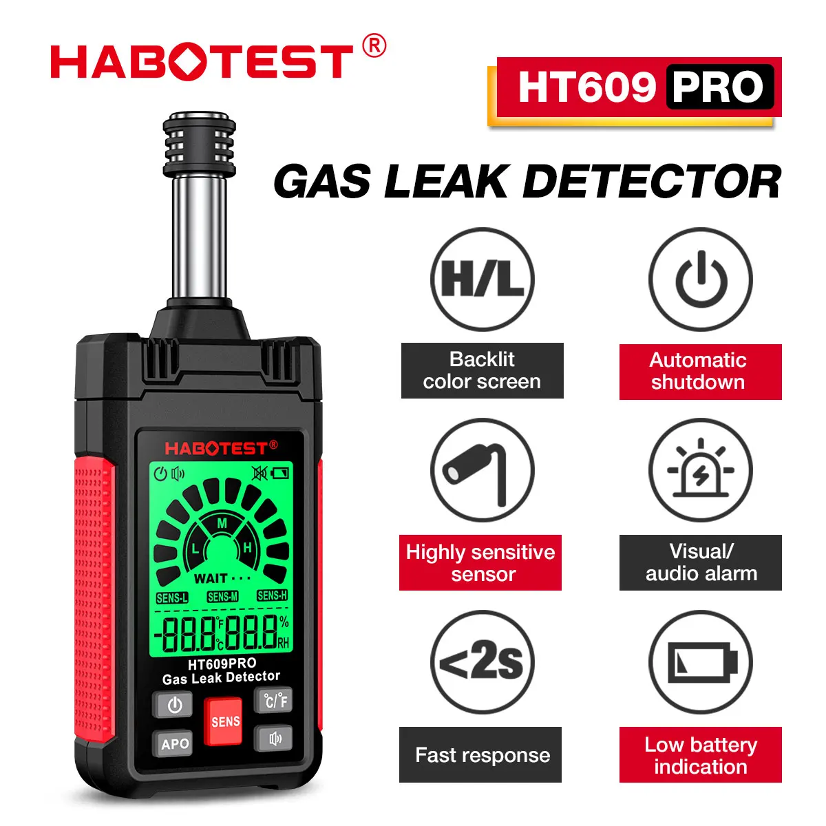 Фото Детектор утечки газа HABOTEST, детектор горючих газов, тестер утечки метана и пропана, измеритель температуры и влажности, звуковая сигнализация HT609PRO №3