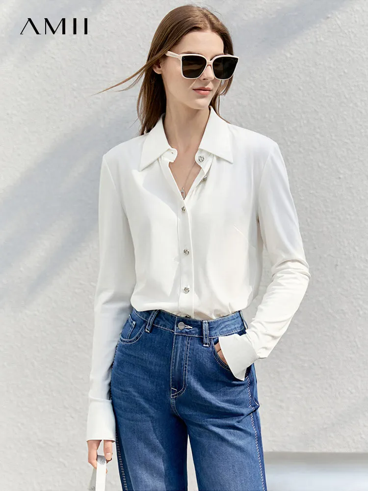 

Amii Minimalism Spring Shirts Women Office Lady Elegant Blouse Casual Knitted Tops Solid French Blusas Female Clothing 12240184