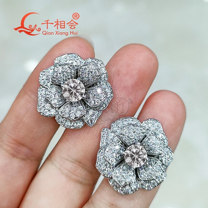 6mm main stone 21MM rose flowers S925 silver  earrings ear stud D vvs white moissanite stone Earring earrings jewelry woman gift