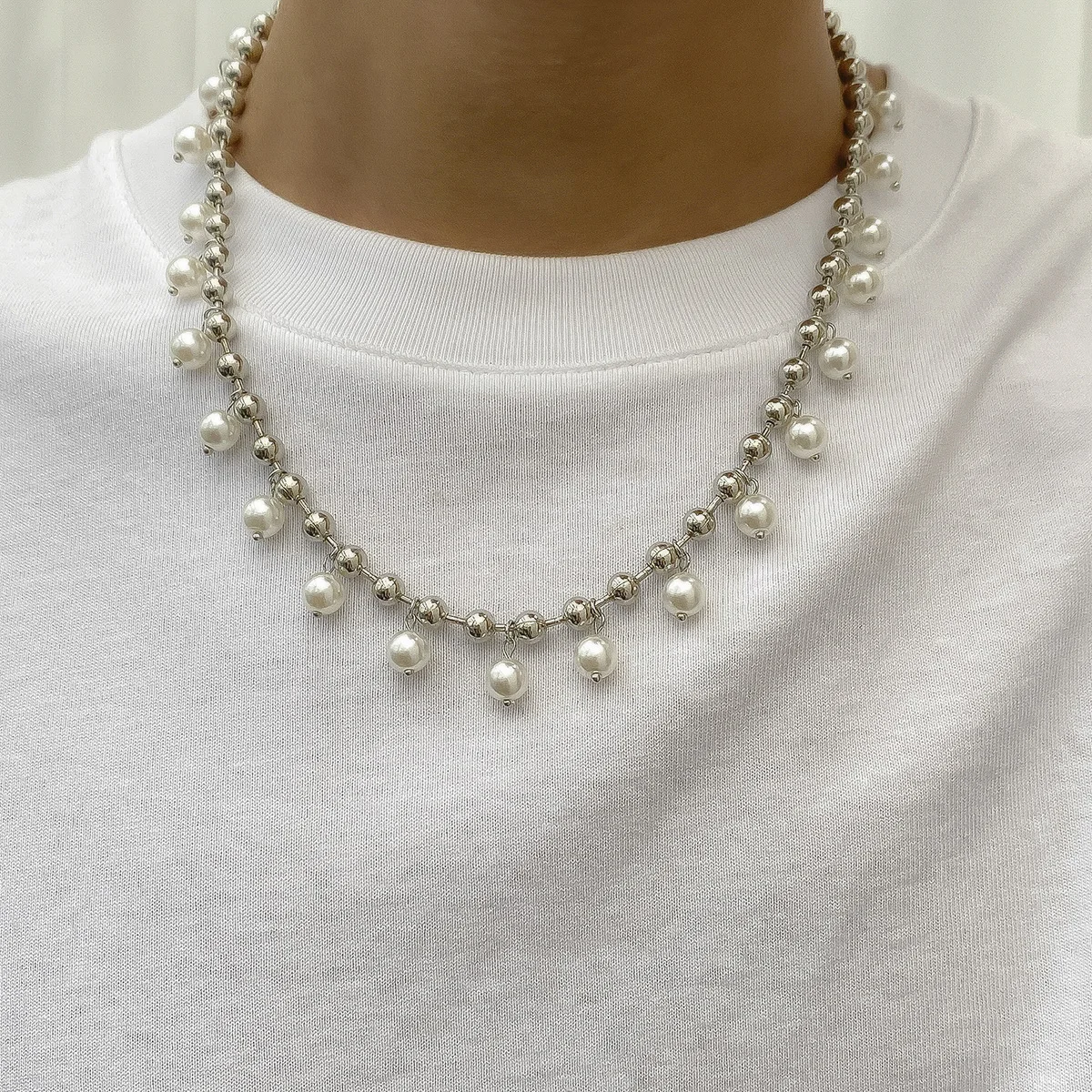 

Simple Beads Chain Hanging Pearl Necklace Creative Men's Choker Chain Jewelry on the Neck Hip-hop Dance Party Male Necklace