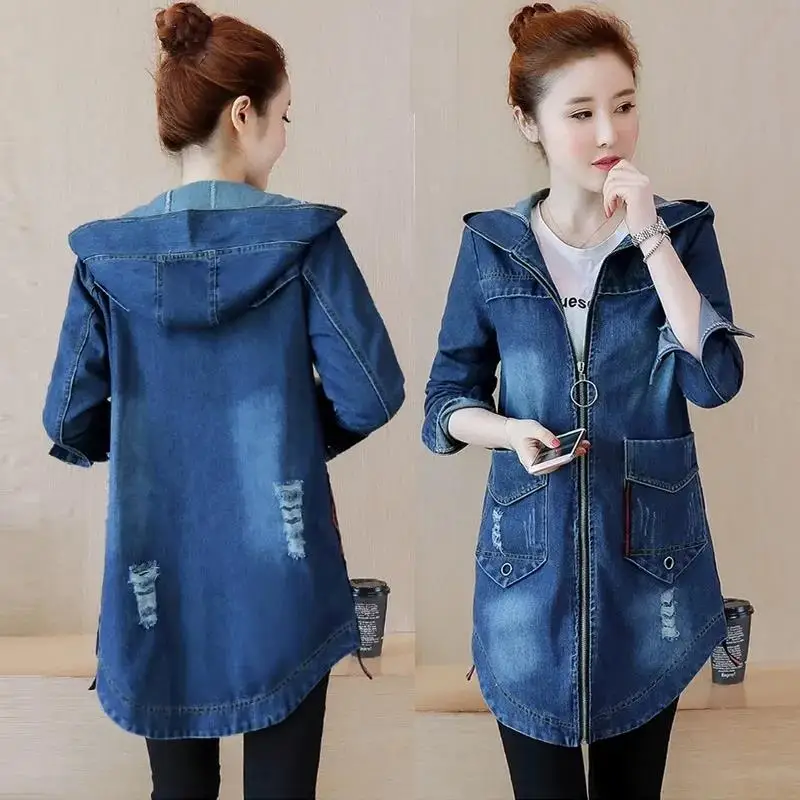 

2022 Autumn New Fashion Vintage Ripped Oversized Jeans Jacket Coat Female Hooded Long Denim Jackets For Women