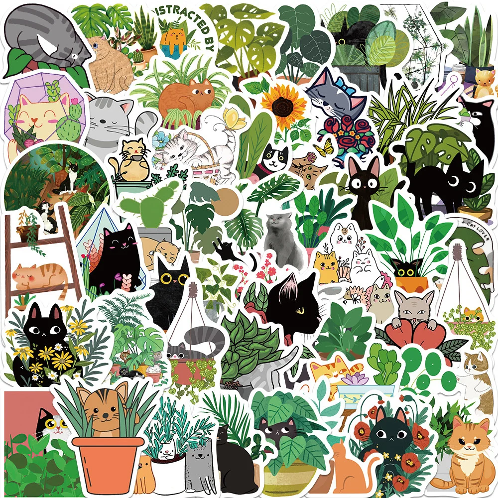 

10/30/50PCS Cartoon Cat and Plant Graffiti Waterproof Sticker Toy Decoration Notebook Kids Gift iPad Guitar PVC StickerWholesale