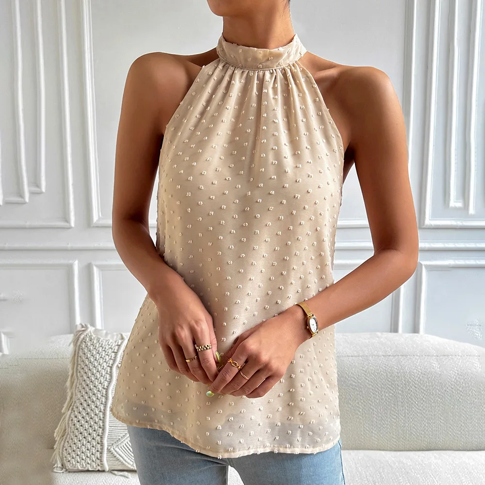 

Summer Women Half High Collar Lace Up Pure Color Sleeveless Temperament Casual Short T-shirt Tees Tops Women Clothing