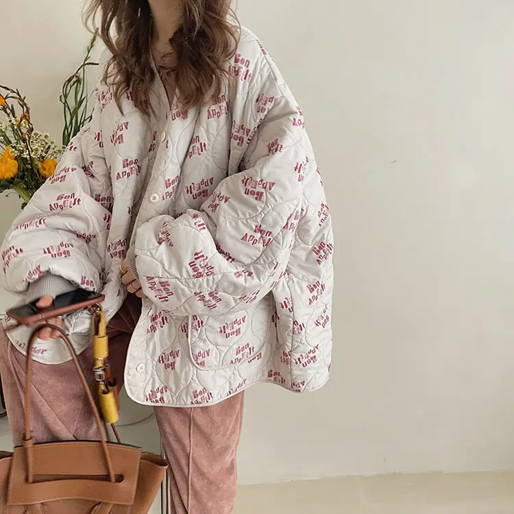 

Женские парки, зимняя Корейская Милая Повседневная Толстая винтажная зимняя куртка с надписью, Женское пальто, подходящее ко всему