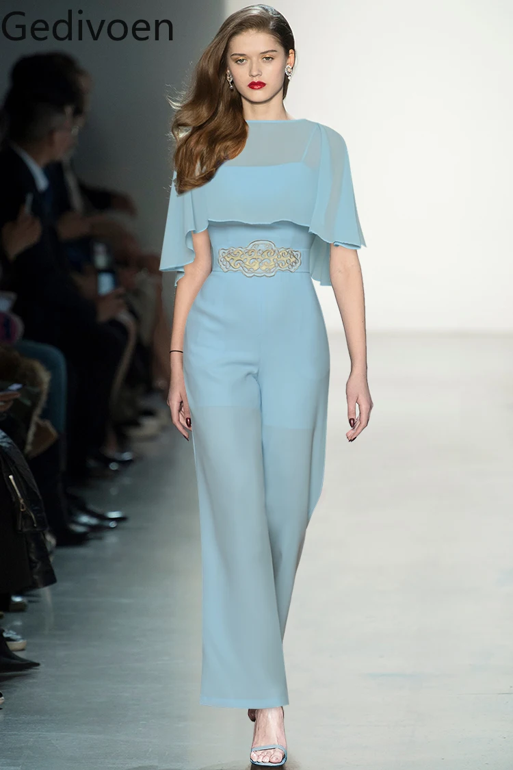 Gedivoen Fashion Designer Summer Jumpsuit Women Short Cloak + Embroidery Spaghetti Strap Blue Trousers Romper