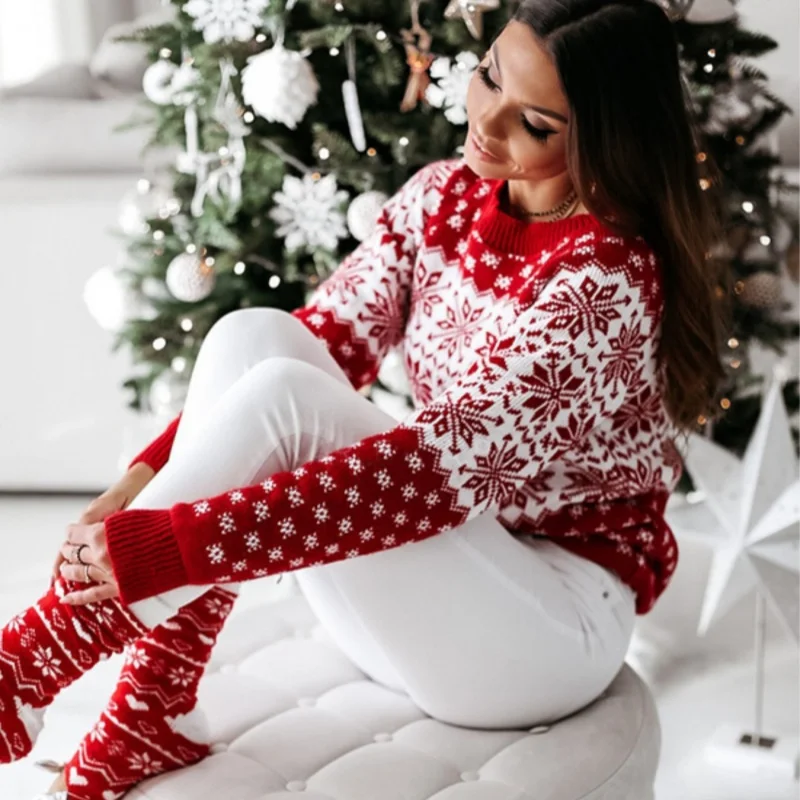 Женский вязаный пуловер с принтом Санта-Клауса