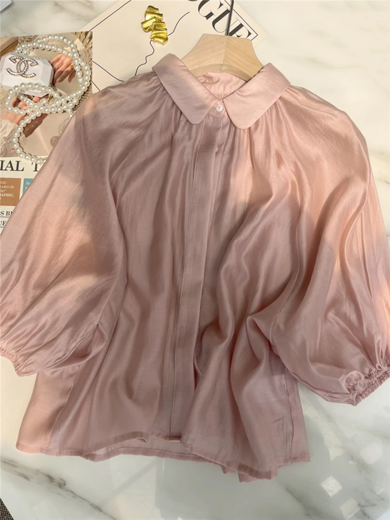 Винтажные женские повседневные рубашки летние однотонные блузки с рукавами