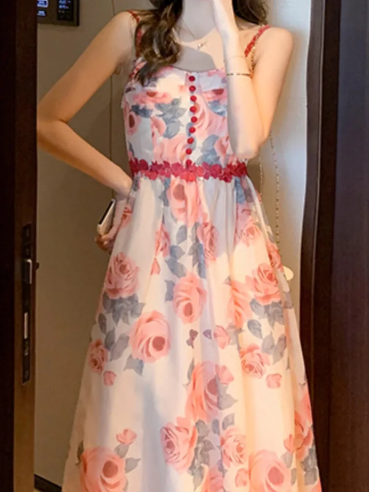 

Summer New Spaghetti Strap Elegant Midi Women Dress Casual A-Line Rose Party Sexy Dress Women Fashion One Pieces Prom Clothes