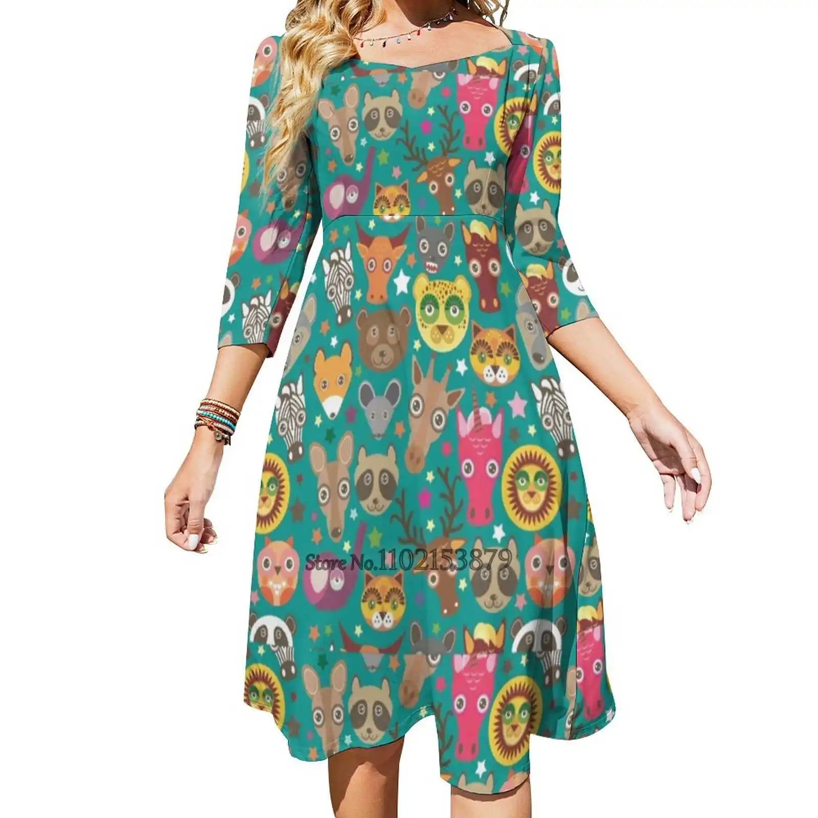 

Платье с забавными животными, мордочка, Лев, кенгуру, лошадь, медведь, мышь, енот, со шнуровкой сзади, платье с открытой спиной, платье с квадр...