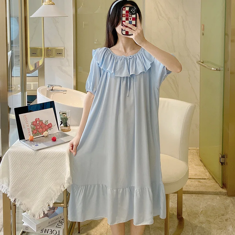 Women's Dresses 2023 Trend Boat Neck Holiday Two Pronged Pajama Skirt Cotton Homewear Back Night Outfit Youth Gown For Ladies