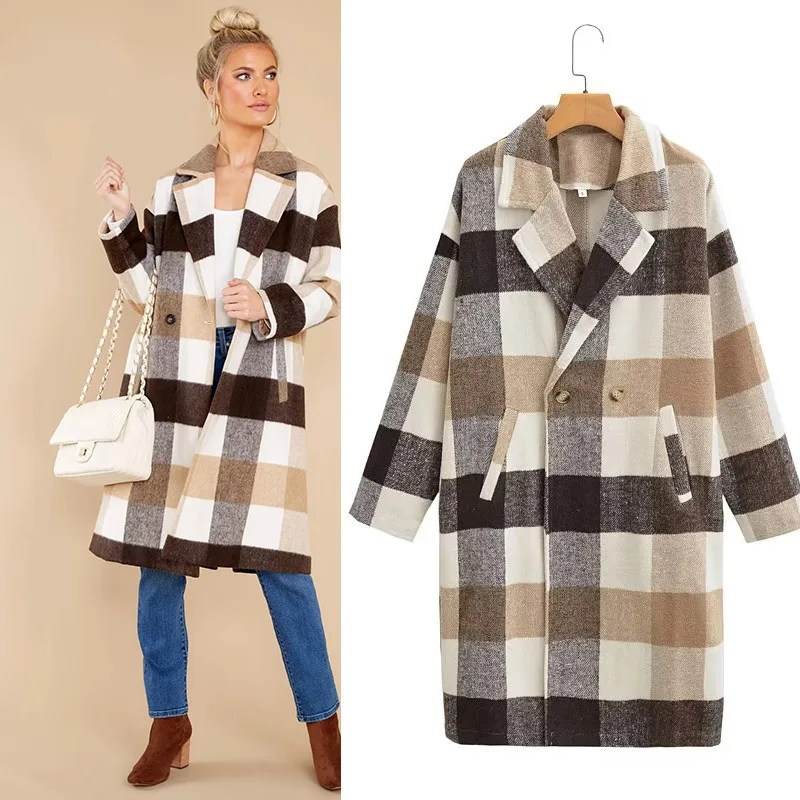 

Новинка Осень 2023 Женская одежда в европейском и американском стиле шерстяное пальто средней длины двубортное клетчатое пальто международная торговля
