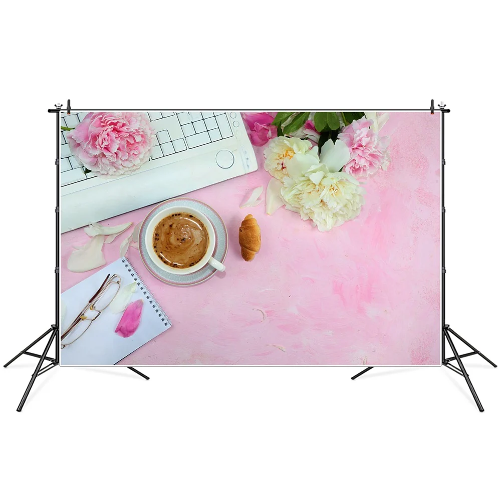 

Pink Flowers Keyboard Notebook Coffee Scene Photography Backgrounds Photozone Photocall Photographic Backdrops For Photo Studio