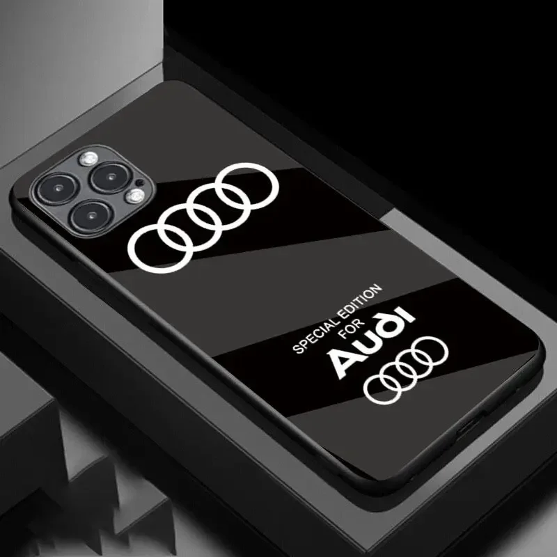 

Стеклянный твердый чехол с зеркальной поверхностью для автомобиля с логотипом Audi, чехол для телефона iPhone 16 Pro Max, чехлы 13 15 14 Plus 12 Mini 11 X XR XSMAX