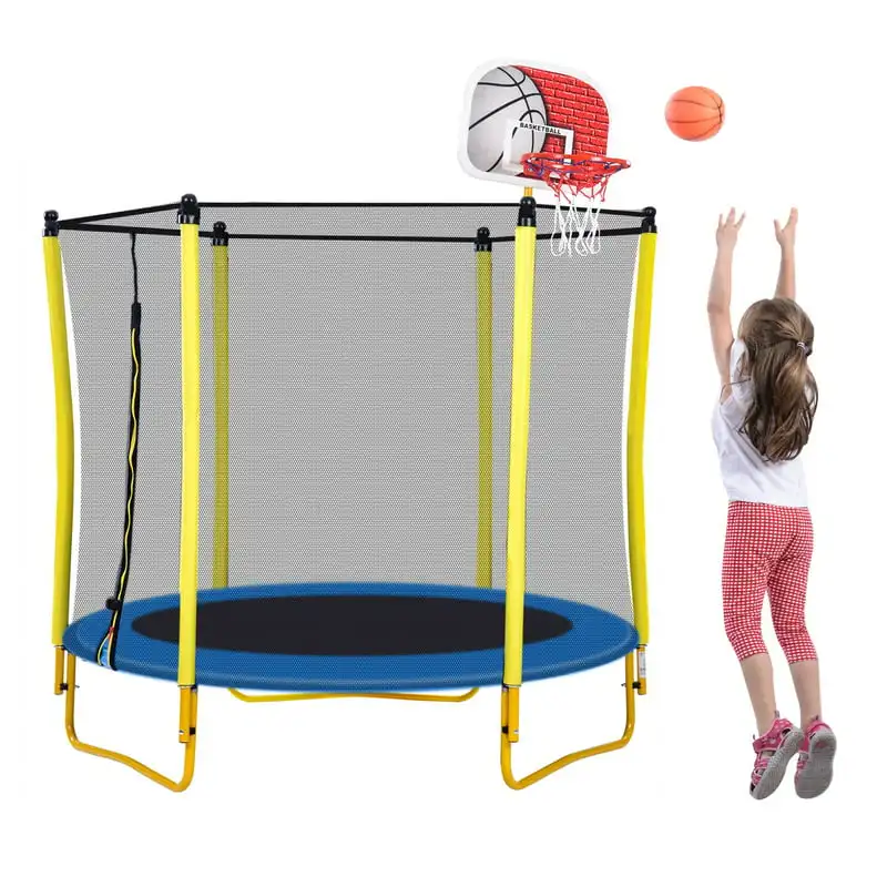 

Trampoline for Kids, Outdoor Mini Toddler Trampoline with Enclosure, Basketball Hoop and Ball Included
