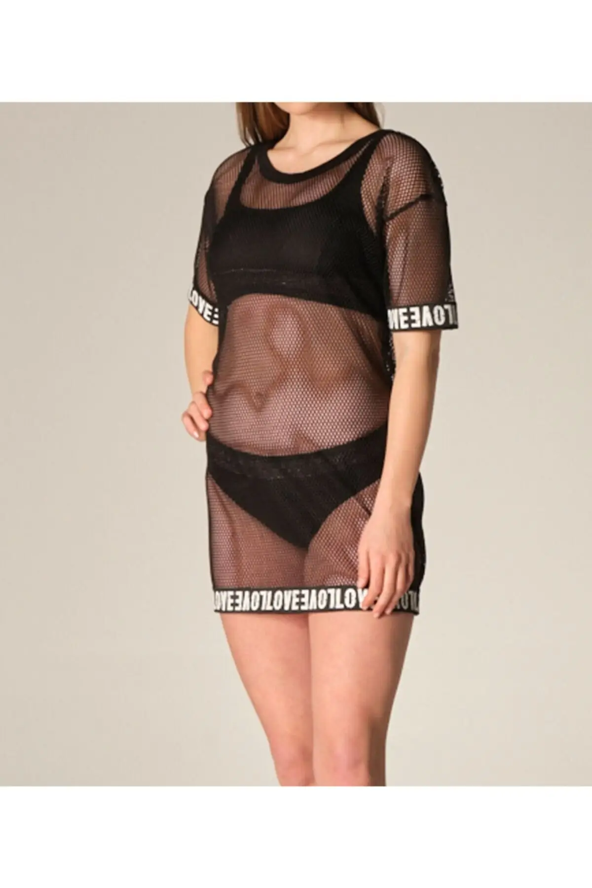 

Women's Pareo Full Mesh Skirt And Sleeves Love Printed Beach Dress Black Swimwear Cover Up Dress Sexy Tunic Suit Beachwear