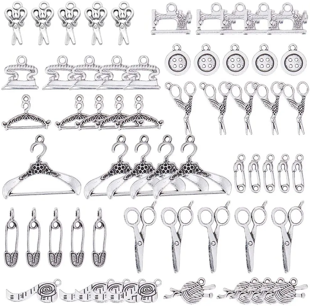 

60PC Sewing Charms Collection Antique Silver Scissor Button Sewing Machine Charms Pendant Jewelry Findings for DIYCraft Supplies
