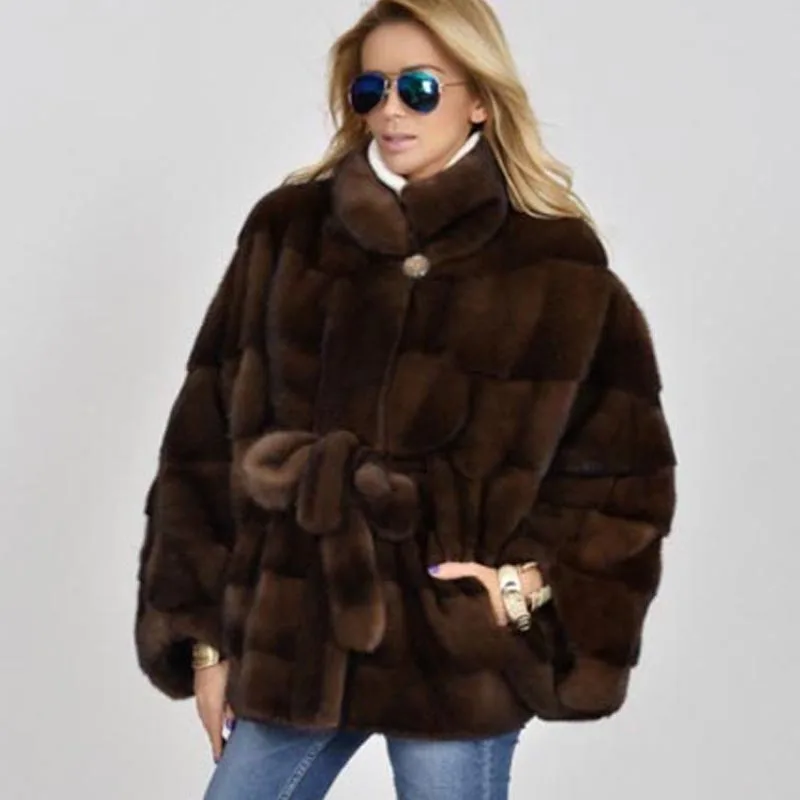 Real Natural Mink Fur Coats Women Thicken Hooded Slim Belt Overcoats Ladies Winter Cold-Resistant Warm Temperament Outer Garment