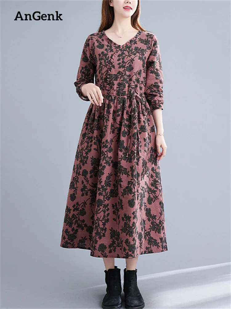 Женское Хлопковое платье с V-образным вырезом длинным рукавом и цветочным