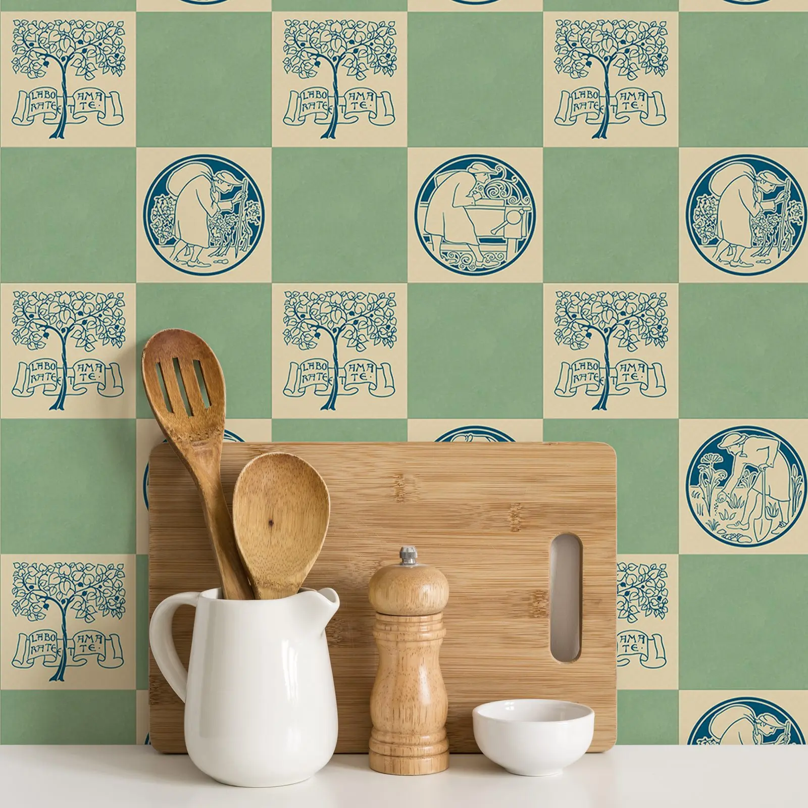 Фото Jadeite Green And Blue Peel and Stick Wallpaper,Green Grid Traditional Non Woven Wallpaper For Wall Art ,Custom Colors and Size №1