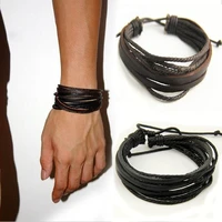 delysia king leisure fashion mens hand woven multilayer leather bracelet handmade lace up wrist strap