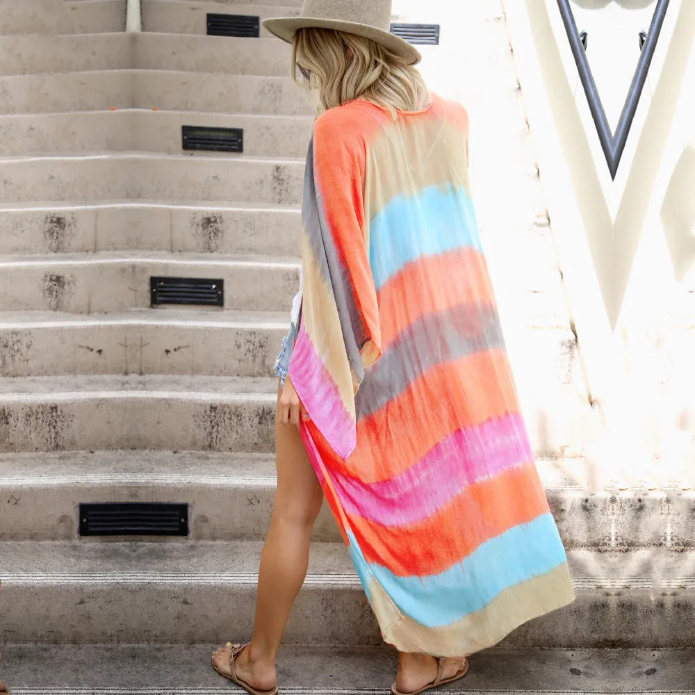

2022 Boho Multicolor Striped Robes Bathing Suit Cover-ups Large Size Beach Wear Kimono Dress Women Summer Swimsuit Cover Up