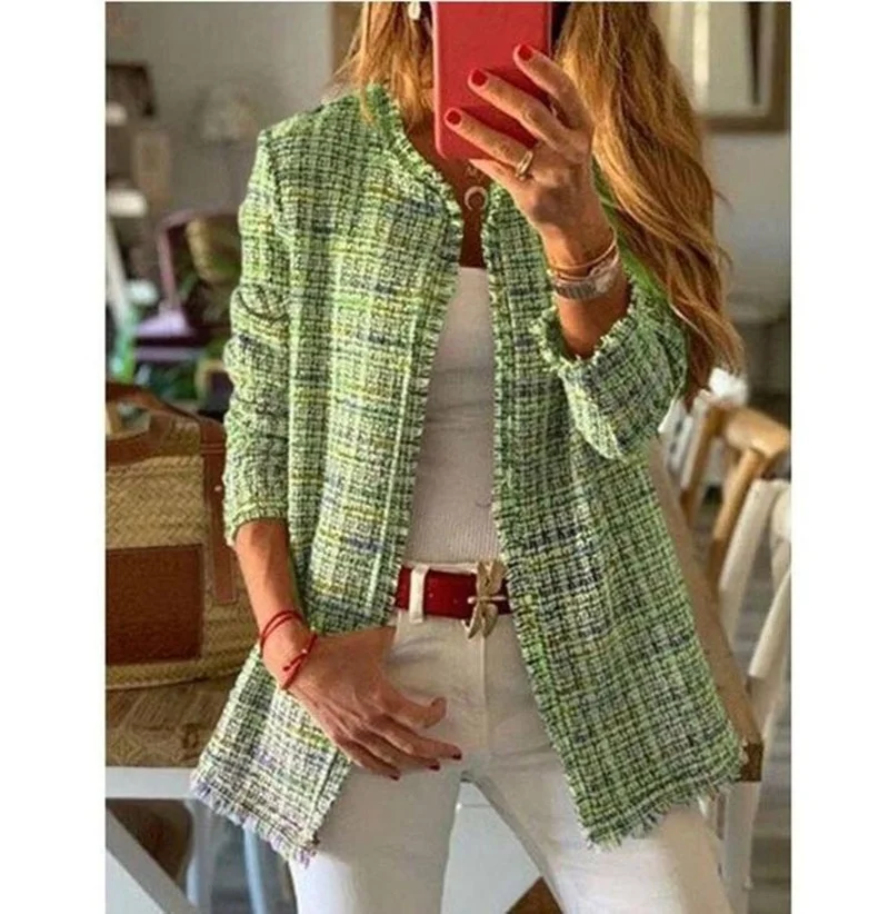 Spring Autumn Rainbow Woolen Plaid Sweater Blazer Women Long Sleeve Loose Suit Jacket Office Lady Work Wears Casual Patchwork