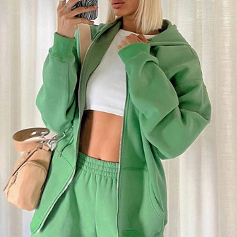 

Women Tracksuit 2 Piece Set Spring Autumn Zipper Hooded Cardigan and Sweatpants Solid Color Fashion Streetwear Female Sportswear