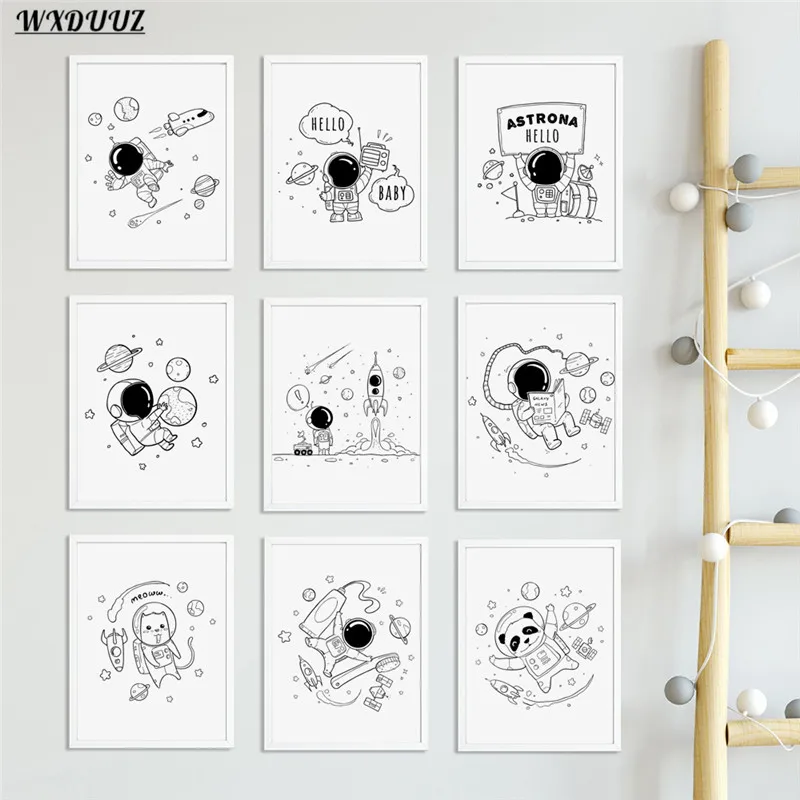 

Настенный плакат в скандинавском стиле, черно-белый плакат, Декор, мультяшное пространство, искусственная Картина на холсте, домашний декор, картина для детской комнаты