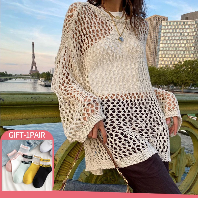 

Y2K Vintage Knitted Hollow Out Pullovers Cover Up Tees Women Harajuku Korean Style Long-sleeved Retro Streetwear Baggy Sweaters