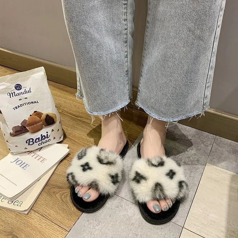 Cotton slippers 2022 autumn and winter new Korean version of the net red printing word flat bottom casual hairy slippers women