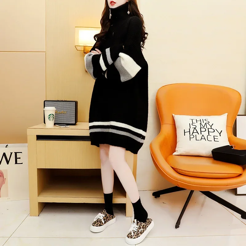 Платье-свитер-поло/черепашковый вырез больших размеров утепленная вязаная