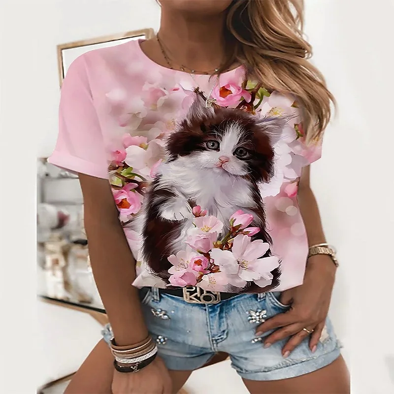 

Lato nowa odzież damska różowy kot okrągły dekolt na zewnątrz na co dzień moda uliczna kobiet T-shirt w za dużym rozmiarze Top