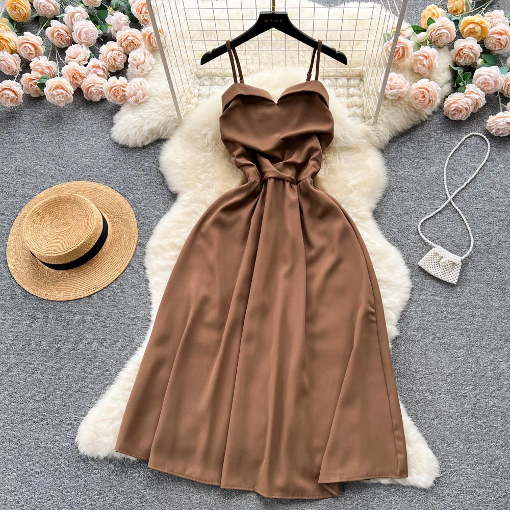 

Summer New Fashion French Pure Desire Babes Pleated Suspender Dress Female Waist Slimming Temperament Drape Vacation Long Skirt