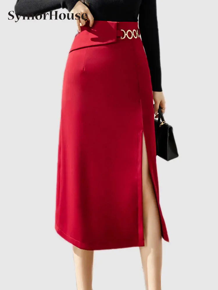 

Elegant High Waist Skirts Women New Arrival Black Red Simple Office Lady Split Wrap Hip Midi Skirt Jupe Femme