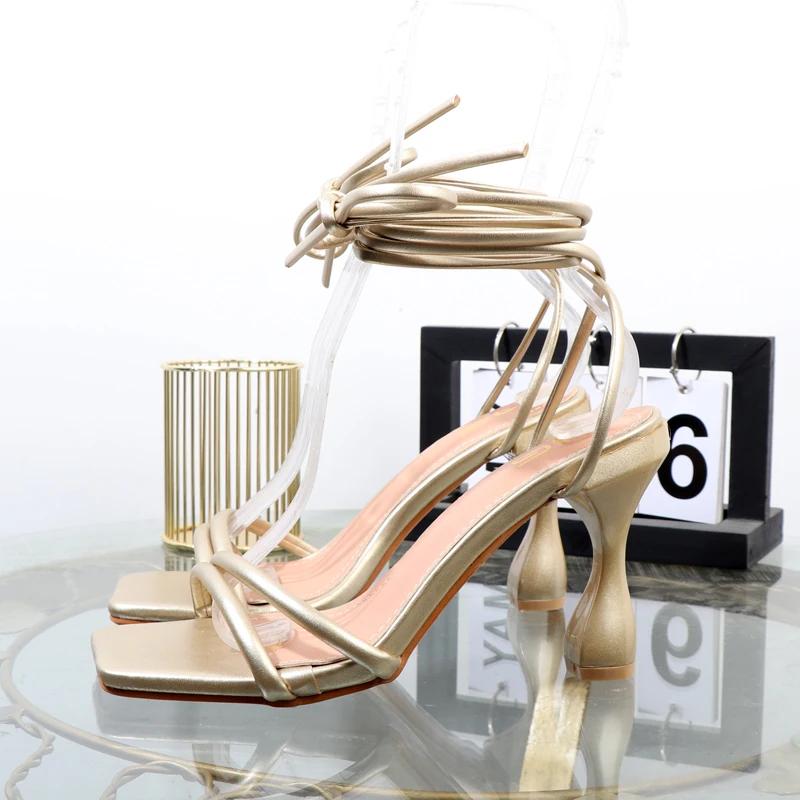 Cross strap Rome sandals summer 2023 foreign trade plus size lace-up stiletto sandals fashion banquet women's shoes heel 8CM
