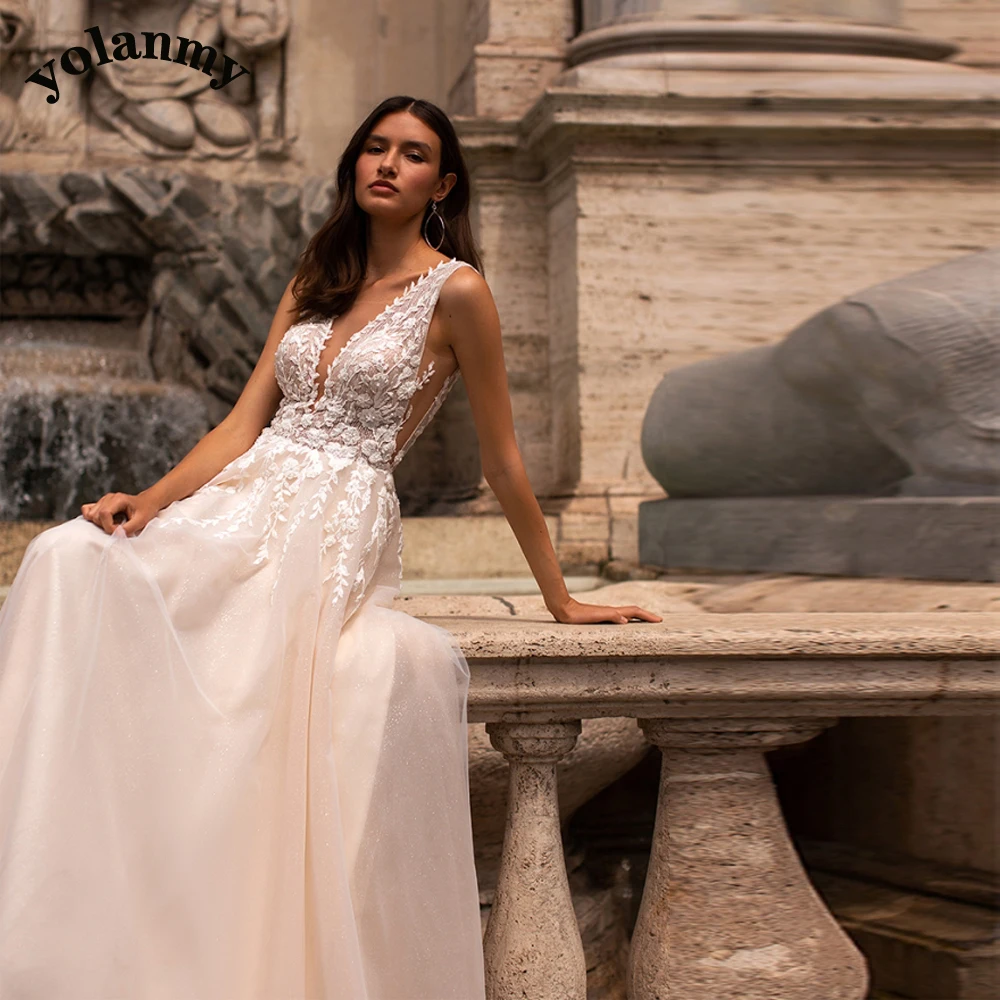 

YOLANMY Aline Shiny Backless Zipper Tulle Appliques Illusion Wedding Dresses For Mariages Fairytale Sleeveless Made To Order