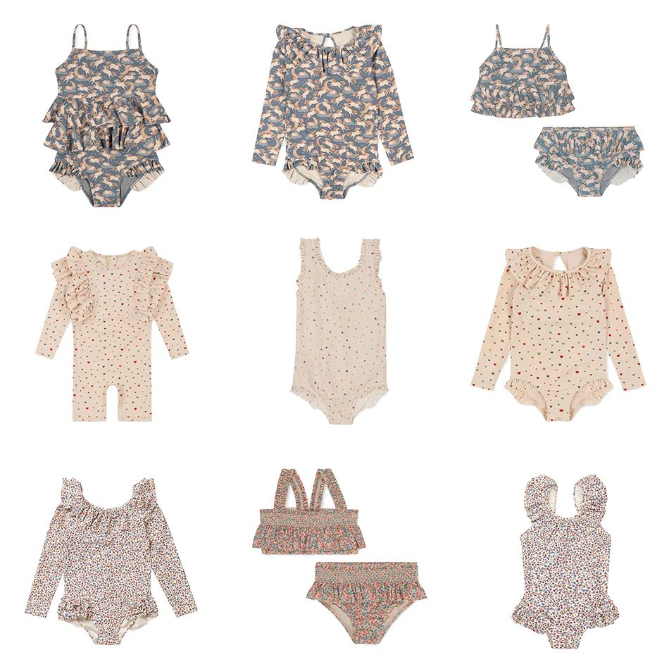 

New KS Swimsuits For Girl Seaside Bikini Swim Set Children Floral Swimwear Summer Baby Toddler Holiday Beach Print Outwear 1-9Y
