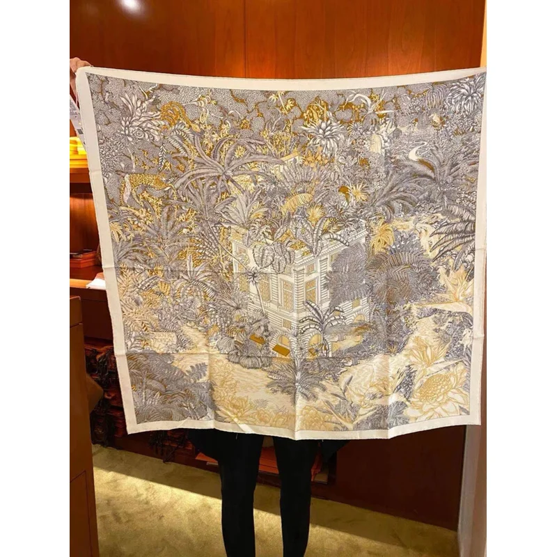 Шелковый шарф для женщин бежевый с принтом тропических джунглей шелковый хиджаб