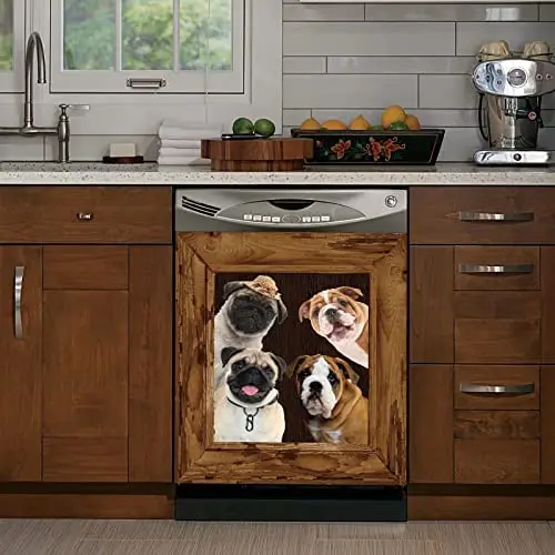

Bulldog and Pug Magnet Decorative Dishwasher Cover,Funny Animal Cabinet Vinyl Wrap,Dogs Stickers for Kitchen Decor,Wood Grain Fr