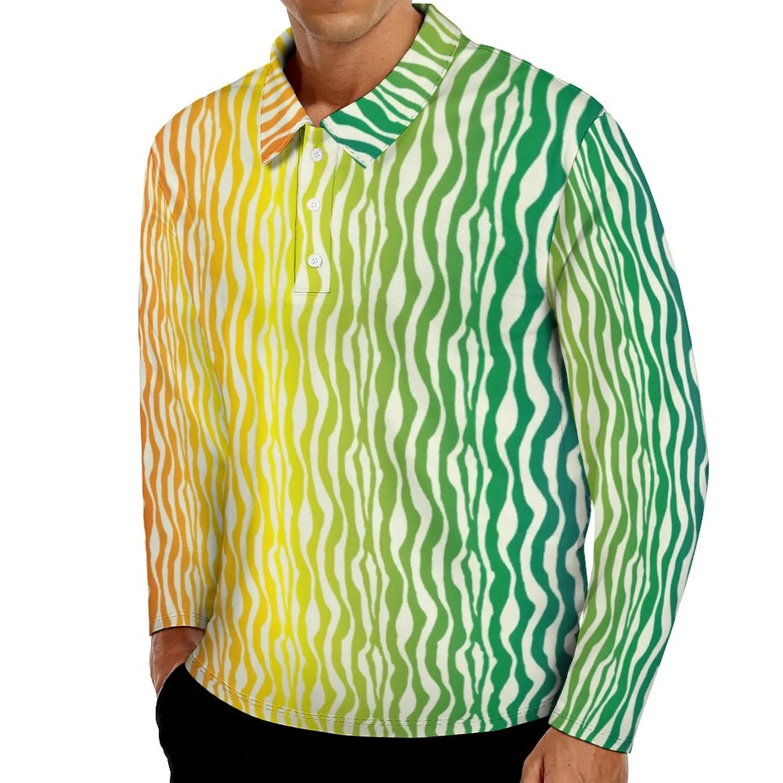 

Футболка-поло мужская с длинным рукавом, повседневная тенниска с разноцветным принтом зебры, с отложным воротником, с абстрактным радужным ...