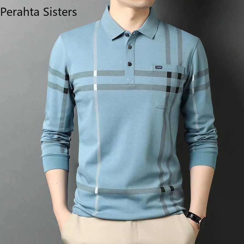 

Мужская хлопковая рубашка-поло в полоску, с длинным рукавом