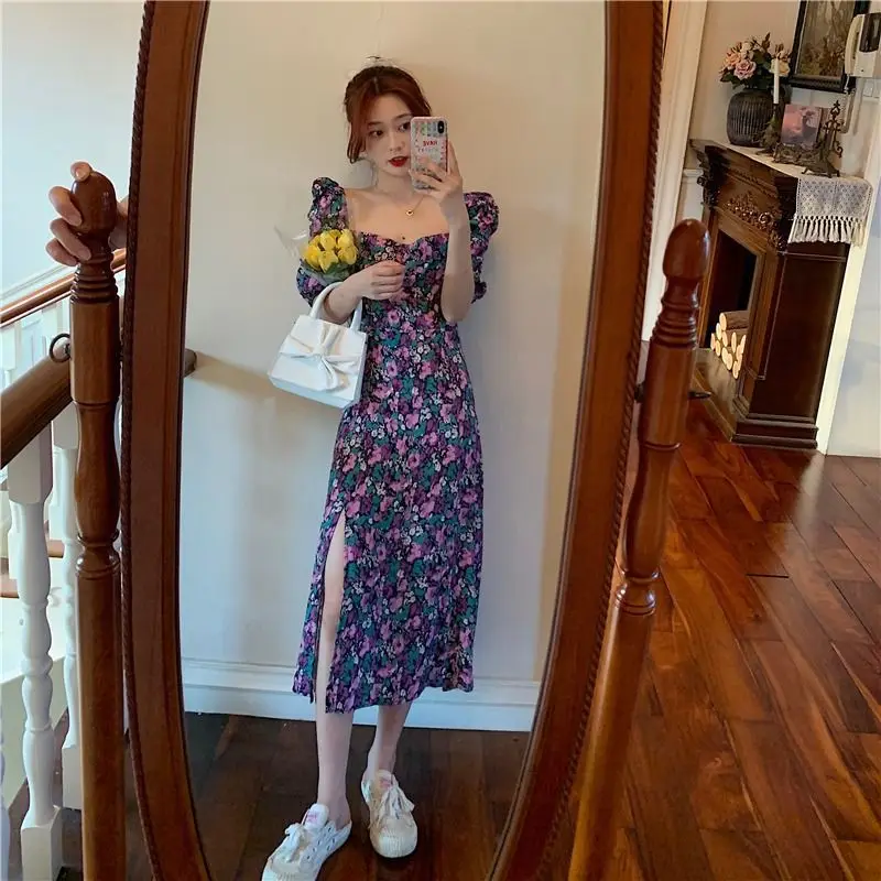 

Summer Fashion 2022 Plus Size Elegant Fairy Midi Purple Floral Skirt Women's Long Dress French Vintage Dresses Waist Split Skirt