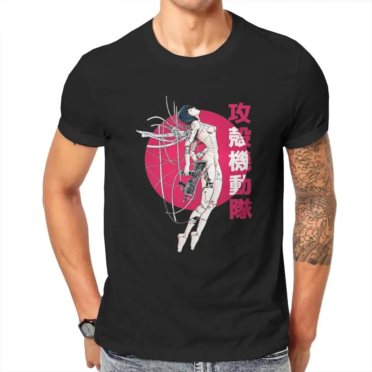 Men's T-Shirts Ghost in the Shell Sun  Novelty Cotton Tees Short Sleeve  T Shirts Round Neck Clothing Plus Size