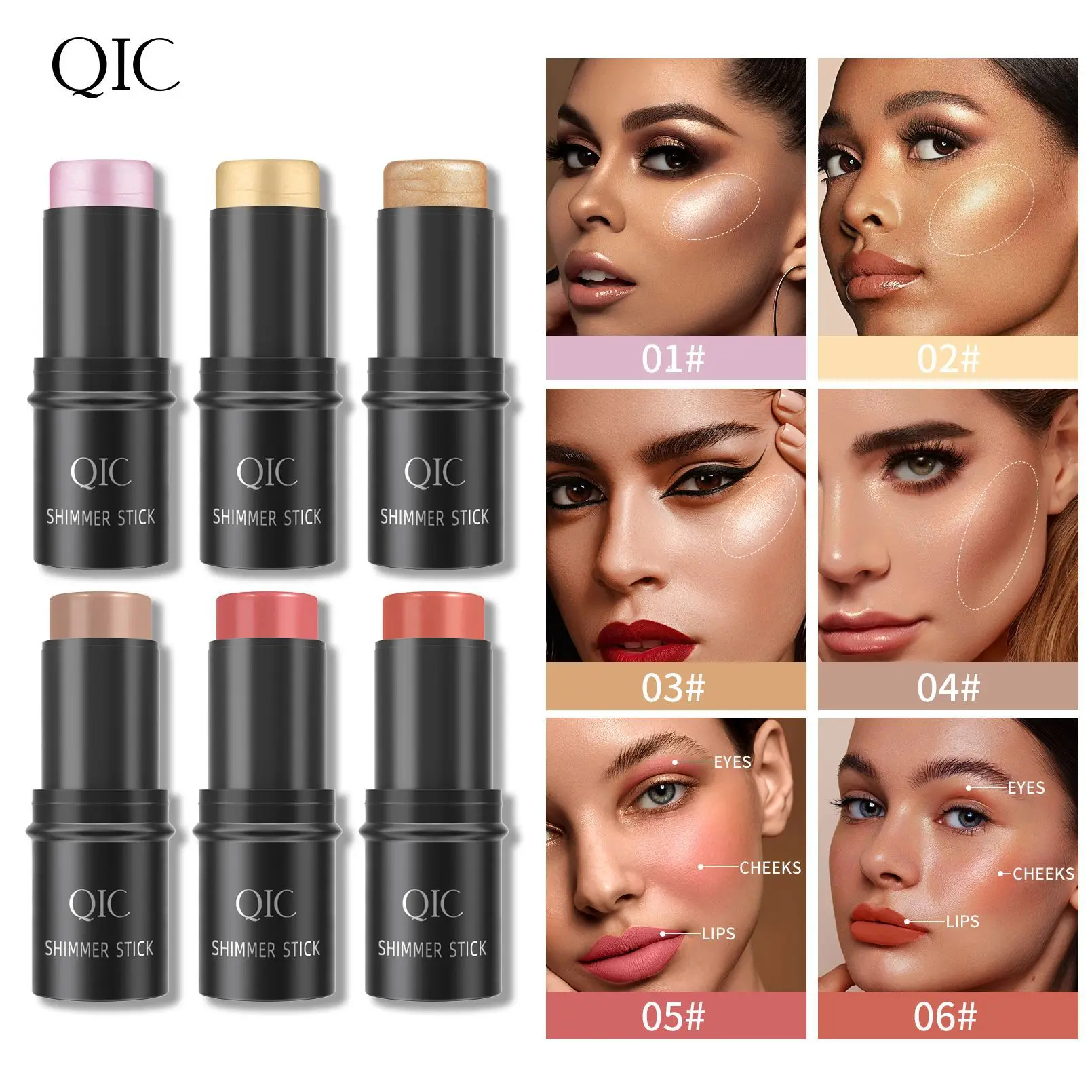

QIC Highlighter Makeup Glitter Contouring Bronzer for Face Shimmer Powder Creamy Texture Eye Shadow Blush Stick Women Cosmetics