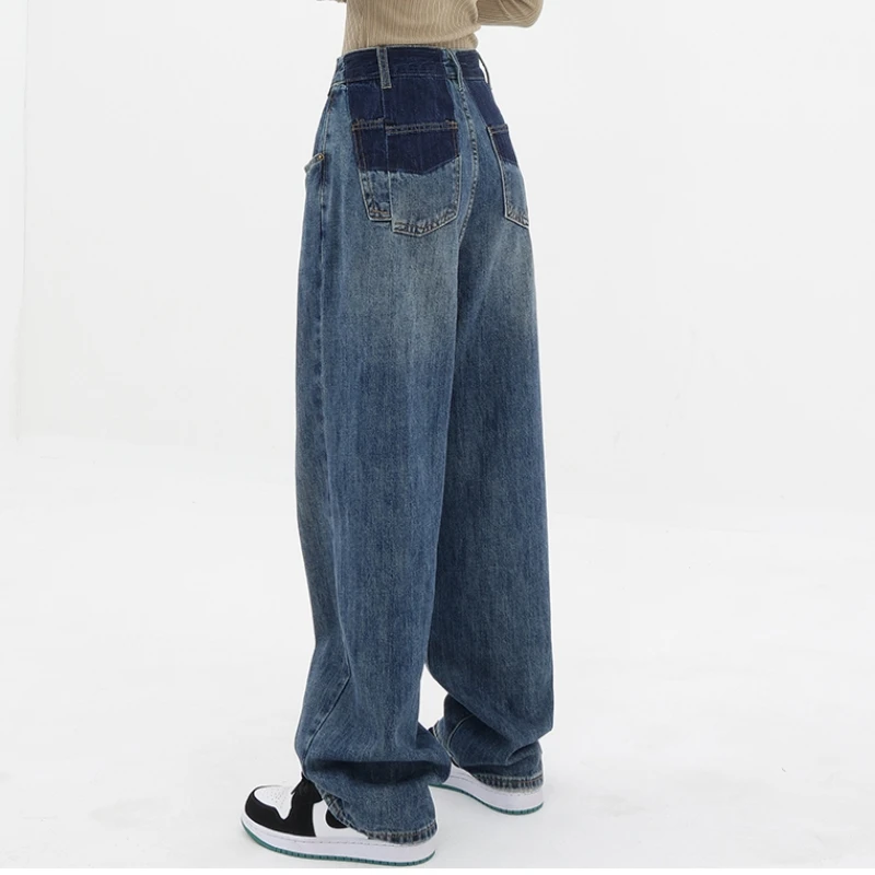 

Женские синие джинсы, штаны с высокой талией, американская мода, уличная одежда, джинсы с широкими штанинами, Женские Мешковатые брюки, прямые джинсовые брюки