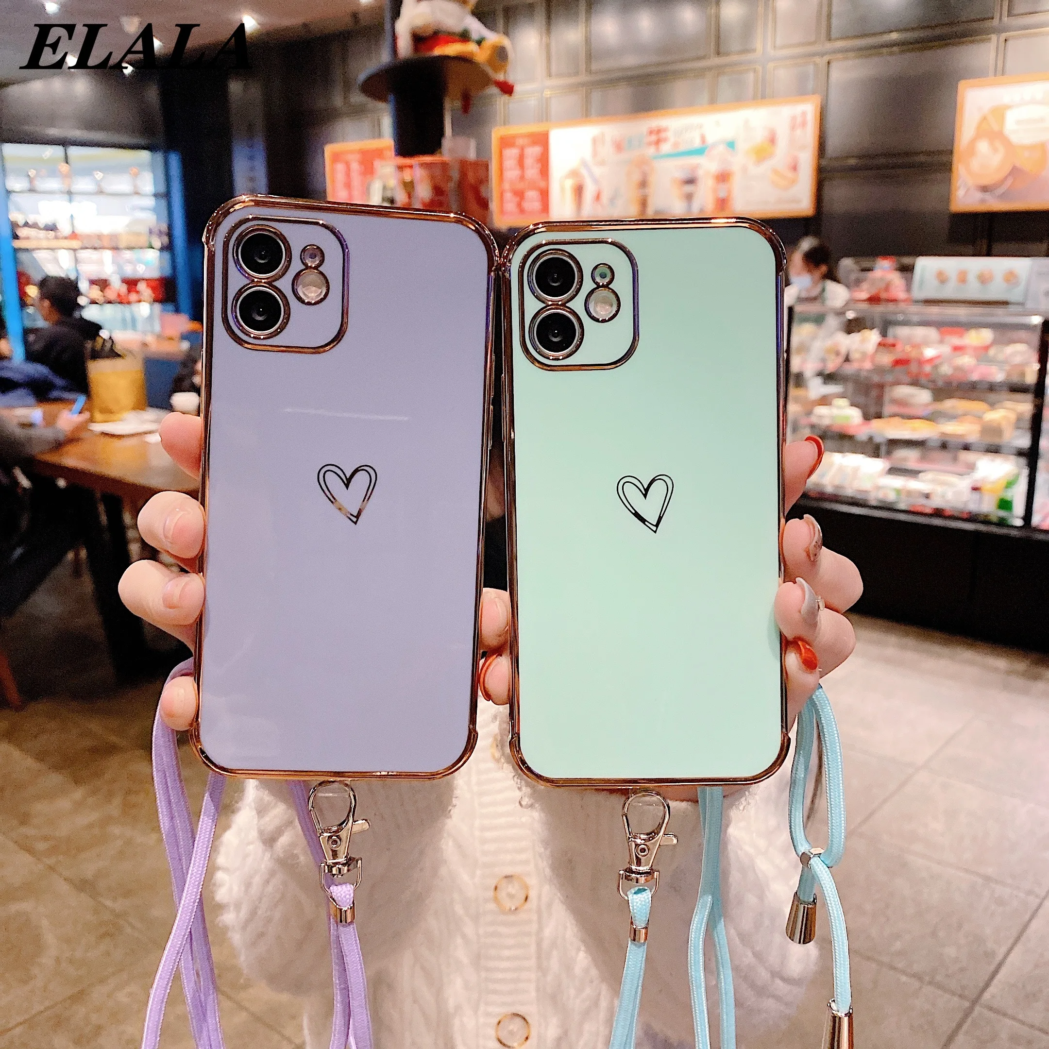 

Plating Love Heart Case For iPhone 13 Mini 12 11 ProMax Xs XR 7 8 Plus SE2020 Coque with Crossbody Lanyard Soft TPU Back Cover