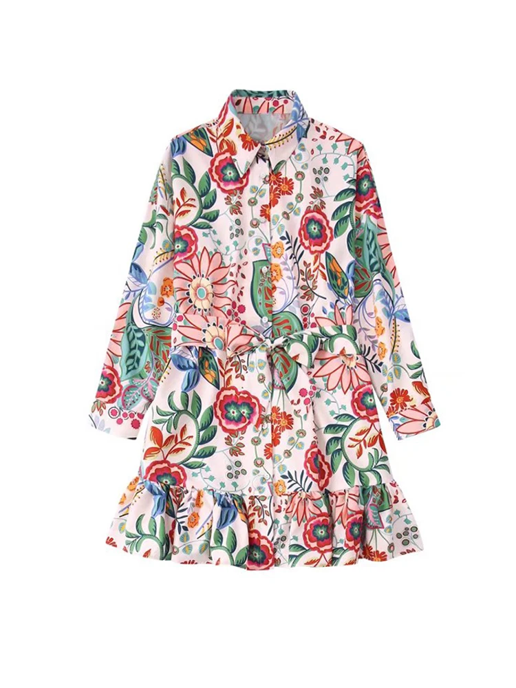 

Women Long Sleeve Floral Print Shirt Dress 2022 Spring Autumn Fashion Single Breasted Mini Dresses With Sashes