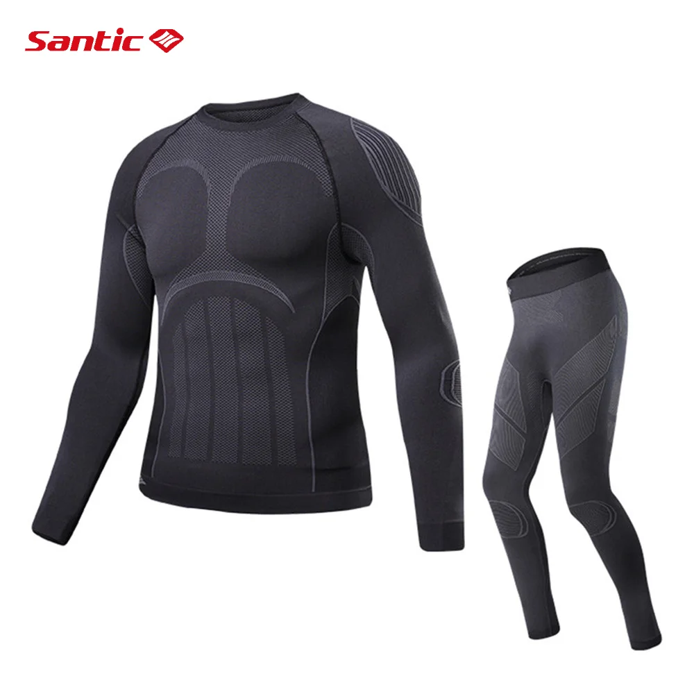 Santic Men Winter Thermal Underwear Sets Seamless Warm Cycling Clothes Sports Running Long Sleeve Jersey Cycling Suit Asian Size