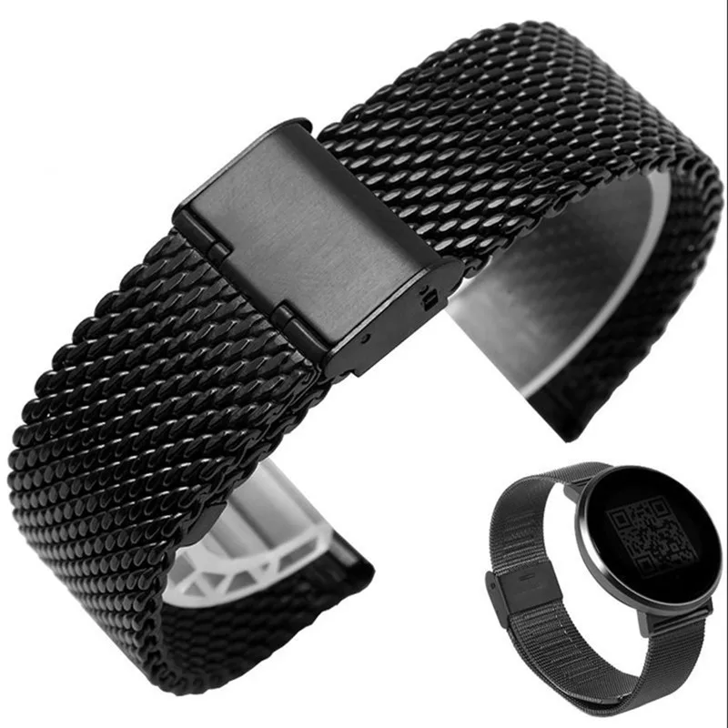 1.0 Line18mm 20mm 22mm 24mm Stainless Steel Mesh Folding Buckle Straight End Watch Band Strap Bracelet Fit For Smart Watch
